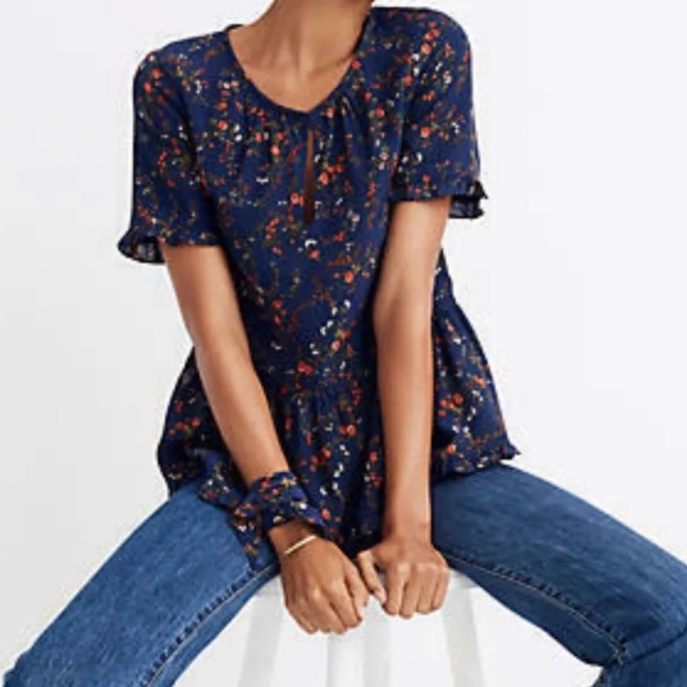 Madewell Silk Stanza Ruffle Hem Floral Blouse Small